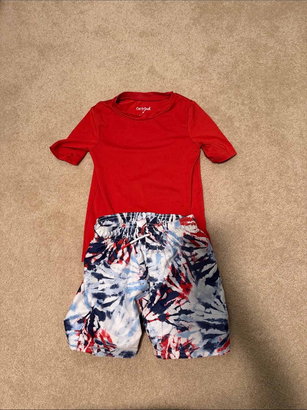 Red Rashguard with Red, White & Blue Tie-Dye Swim Trunks Set 5T
